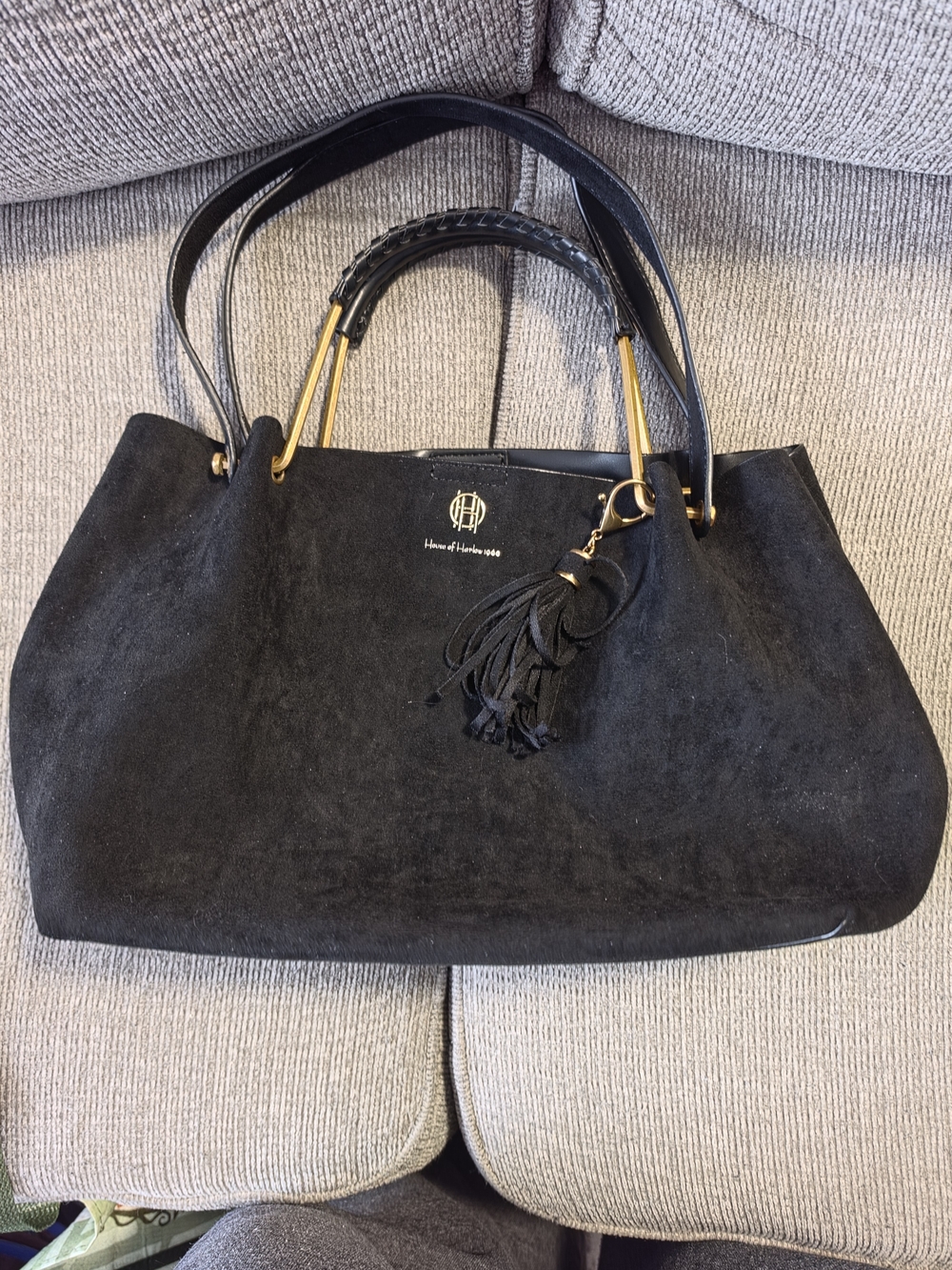 House of Harlow 1960 Black Suede Tote with Gold Hardware and Tassel Charm